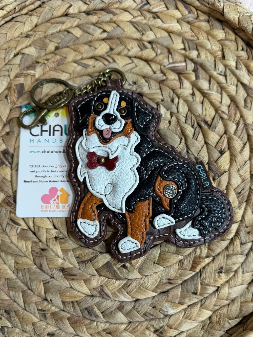 NWT Chala Black, Brown & White Bernese Mountain Dog Vegan Leather Keychain